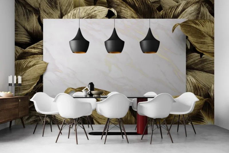 Gilded Elegance Dark Botanical Wallpaper - Luxury Gold Leaf Wall Mural - Tropical Dining Decor - Home Office - Commercial Hotel Restaurant Decor