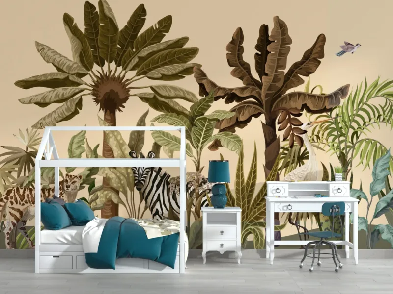 Tropical Oasis Safari Wallpaper - Jungle Animal Kids Room Wall Mural - Nature &Amp;Amp; Plant Theme - Pink &Amp;Amp; Blue Bedroom Decor Tropical Oasis Safari Wallpaper - Jungle Animal Kids Room Wall Mural - Nature & Plant Theme - Pink & Blue Bedroom Decor