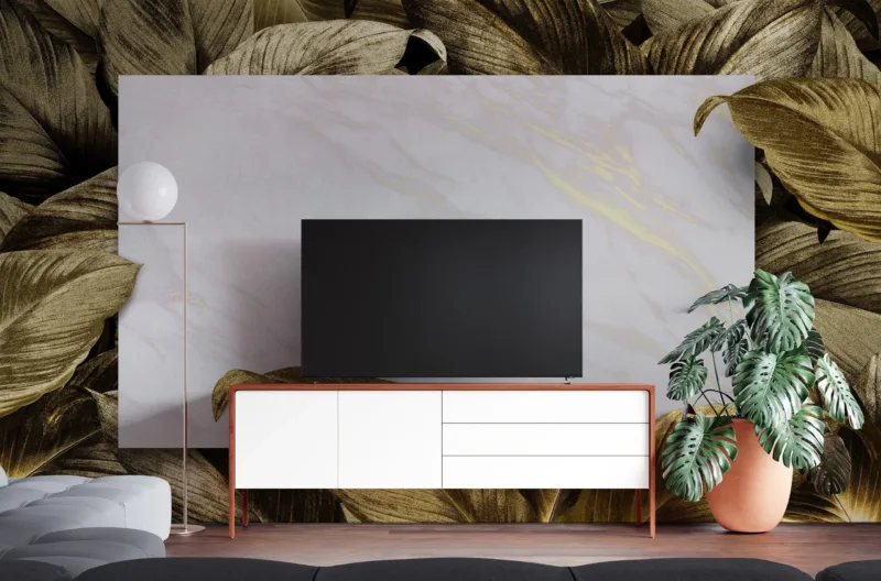 Gilded Elegance Dark Botanical Wallpaper - Luxury Gold Leaf Wall Mural - Tropical Dining Decor - Home Office - Commercial Hotel Restaurant Decor