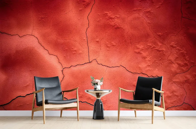 Red Cracked Wall Wallpaper - Industrial & Minimalist Mural - Photorealistic Art - Bedroom, Dining, Home Office, Entryway - Summer Decor
