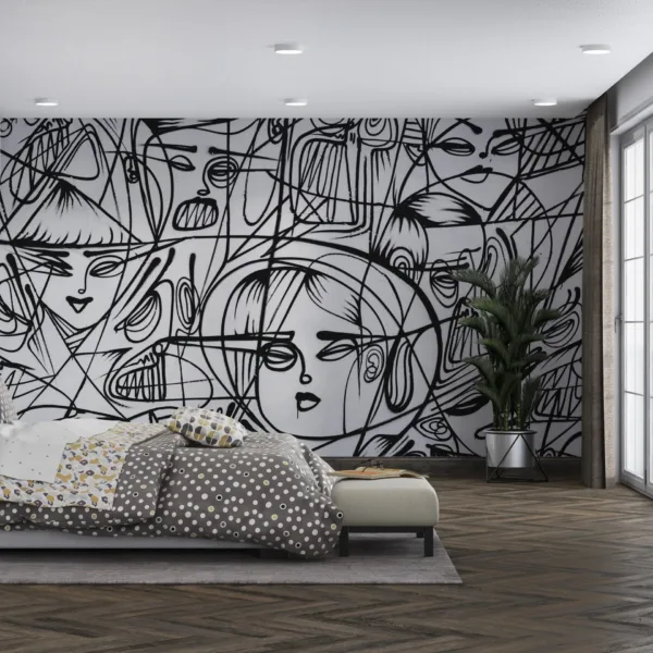 Abstract Faces Wallpaper - Brown & White Line Art Wall Mural - Modern & Contemporary Mural - Bedroom, Living Room Decor - Unique Wall Art Abstract Faces Wallpaper - Brown & White Line Art Wall Mural - Modern & Contemporary Mural - Bedroom, Living Room Decor - Unique Wall Art