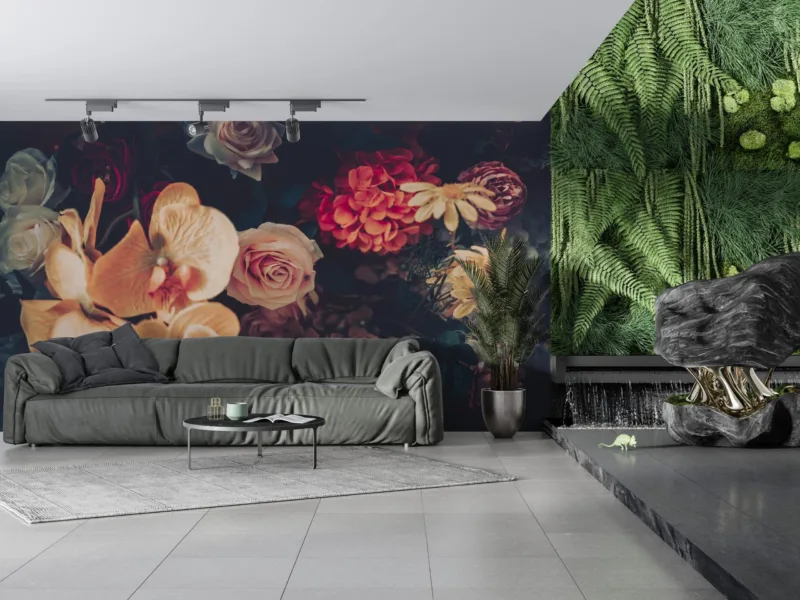 Modern Floral Arrangement Wallpaper - Elegant & Vibrant Wall Mural - Blue & Green Botanical Theme - Home Decor - Living Room & Bedroom Decor