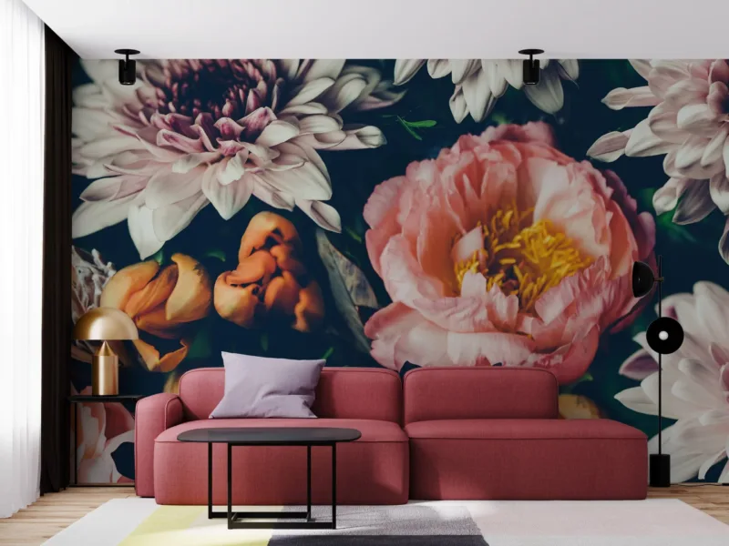 Blue & Yellow Vintage Floral Damask Wallpaper - Gray Accents - Elegant & Timeless Mural - Wall Mural - Bedroom, Living Room, Dining Room Decor