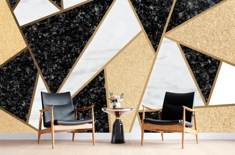 Geometric Marble Wallpaper - Black & White with Gold Accents - Eye-Catching & Sophisticated - Luxury Home Decor - Modern Art - Summer Decor
