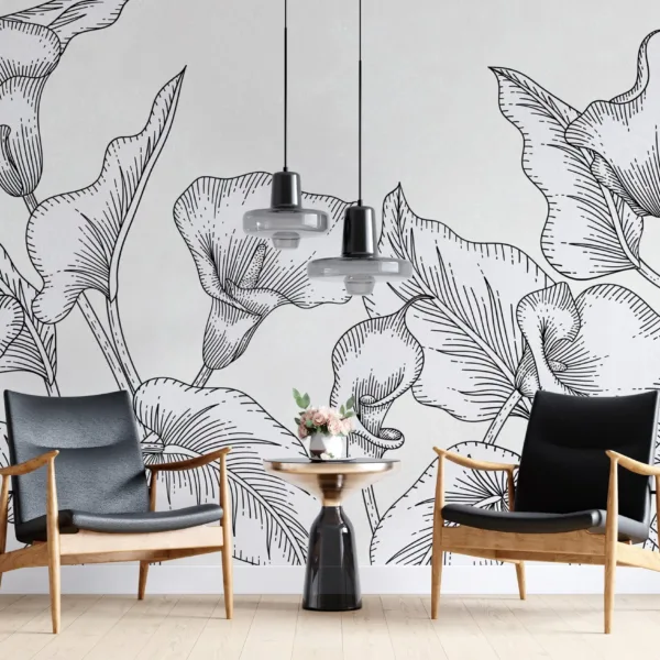 Modern Floral Wall Mural Wallpaper - Blue, Green, Pink, Purple & Yellow - Black & White Mural & - Home Decor, Living Room, Bedroom Modern Floral Wall Mural Wallpaper - Blue, Green, Pink, Purple & Yellow - Black & White Mural & - Home Decor, Living Room, Bedroom