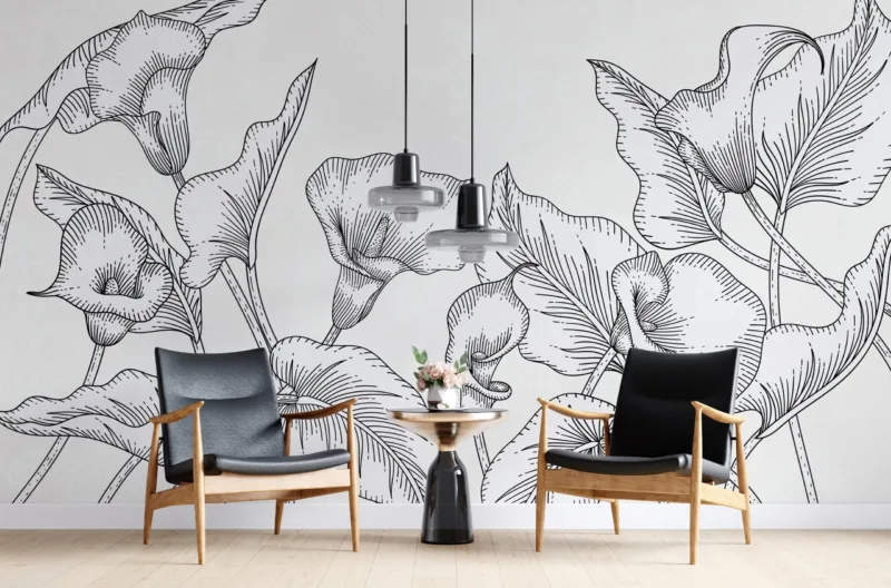 Modern Floral Wall Mural Wallpaper - Blue, Green, Pink, Purple & Yellow - Black & White Mural & - Home Decor, Living Room, Bedroom