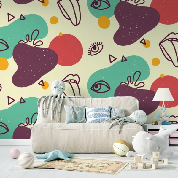 Playful Eyes & Lips Wallpaper - Colorful Kids Room Wall Mural - Hand-Drawn Mural - Nursery Decor - Unique & Fun Wall Art - Perfect for Boys & Girls Playful Eyes & Lips Wallpaper - Colorful Kids Room Wall Mural - Hand-Drawn Mural - Nursery Decor - Unique & Fun Wall Art - Perfect for Boys & Girls