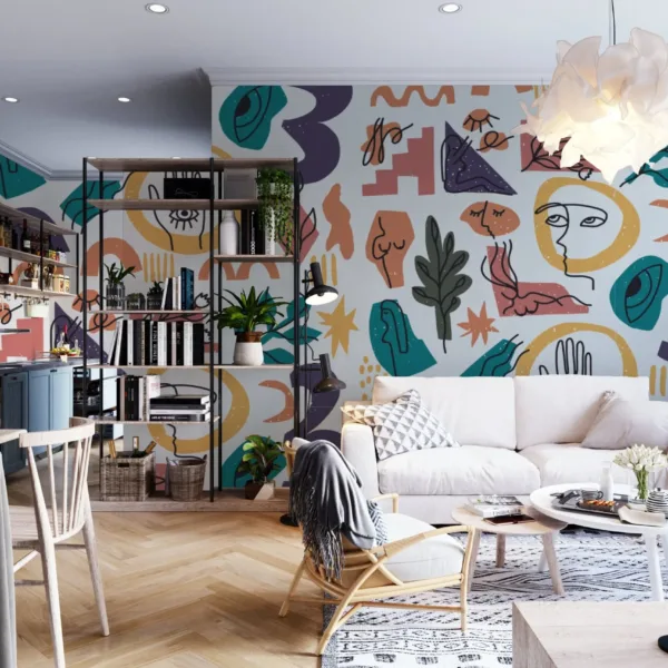 Boho Wallpaper - Blue, Gray, Green & White - Cozy & Eclectic Mural - Living Room, Bedroom, Dining Room Decor