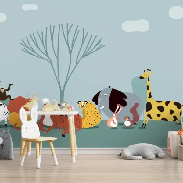 Woodland Animals Wallpaper - Blue & Green Forest Wall Mural - Kids . Boys & Girls Room, Nursery Decor - Cartoon Animals Mural with Gray & White Woodland Animals Wallpaper - Blue & Green Forest Wall Mural - Kids . Boys & Girls Room, Nursery Decor - Cartoon Animals Mural with Gray & White
