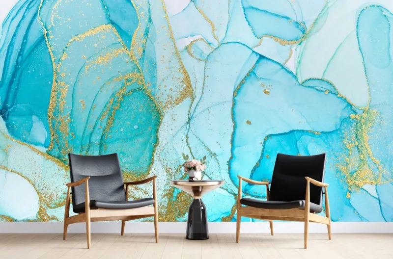 Blue & Gold Marble Wallpaper - Brown Accents - Luxury Mural - Wall Mural - Home Decor, Bedroom, Living Room