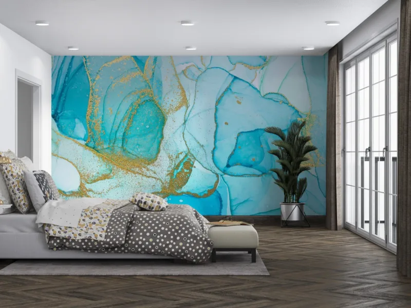 Blue & Gold Marble Wallpaper - Brown Accents - Luxury Mural - Wall Mural - Home Decor, Bedroom, Living Room