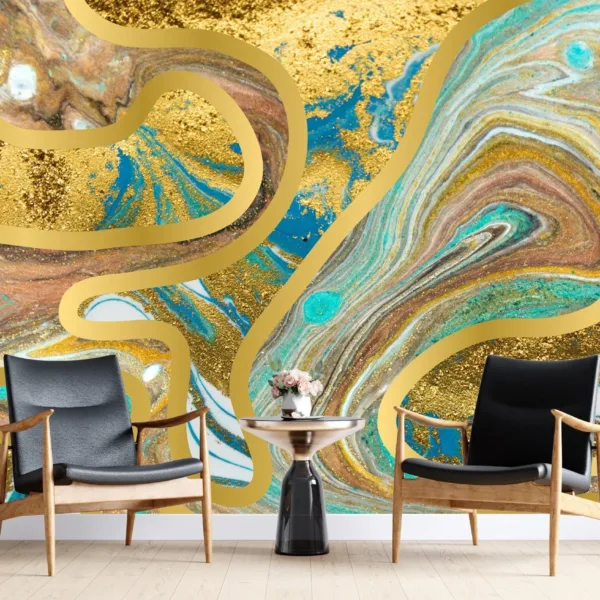 Golden Agate Dream Wallpaper - Blue, Brown & Gold - Luxury Marble Mural - Bedroom, Living Room Decor