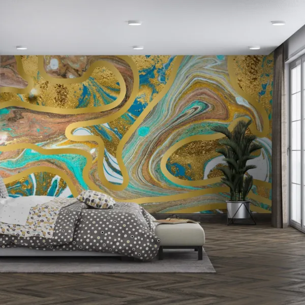 Golden Agate Dream Wallpaper - Blue, Brown & Gold - Luxury Marble Mural - Bedroom, Living Room Decor