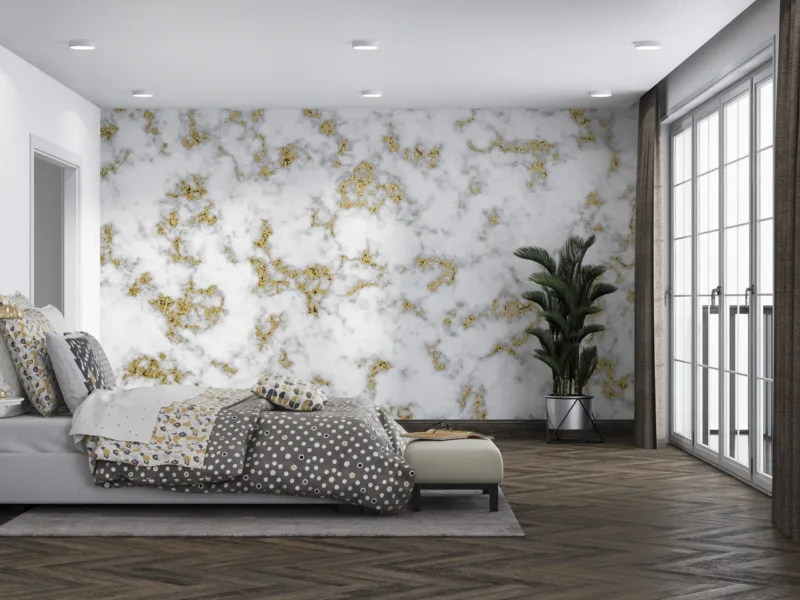 Modern Marble Wallpaper - White & Gold Mural - Airy & Bright - Luxury Wall Mural - Living Room, Bedroom, Dining Room Decor