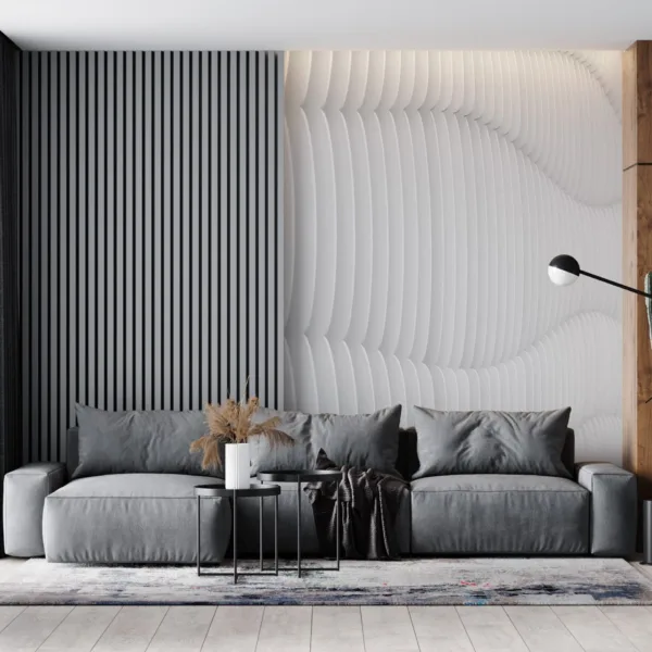 Modern Minimalist Living Room Wallpaper - Black & White Wall Mural with 3D Effect - Blue & Green Accents - Urban Jungle Theme - Home Decor Modern Minimalist Living Room Wallpaper - Black & White Wall Mural with 3D Effect - Blue & Green Accents - Urban Jungle Theme - Home Decor