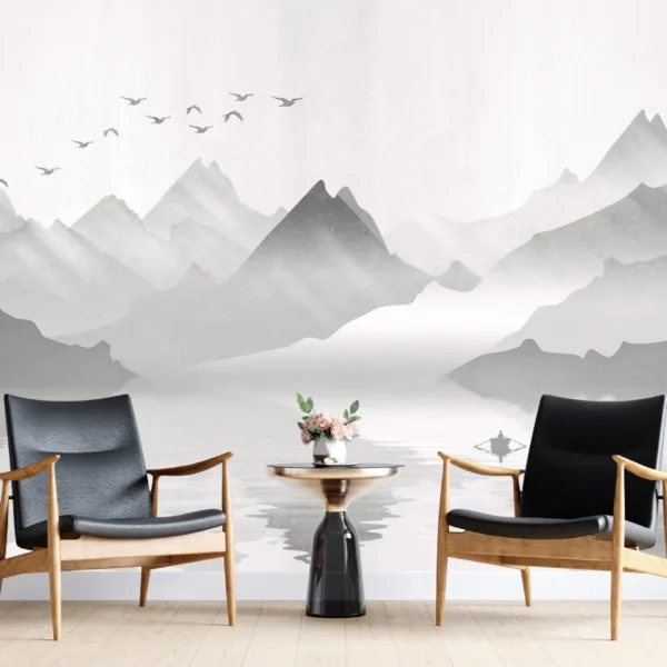 Misty Mountain Retreat Wallpaper - Serene Landscape Wall Mural - Pink & Grey Mountain Lake Theme - Bedroom & Living Room Decor - Nature