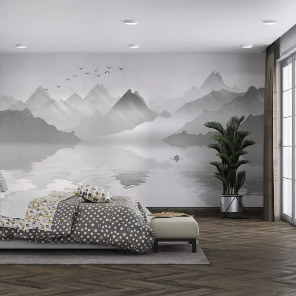 Misty Mountain Retreat Wallpaper - Serene Landscape Wall Mural - Pink & Grey Mountain Lake Theme - Bedroom & Living Room Decor - Nature