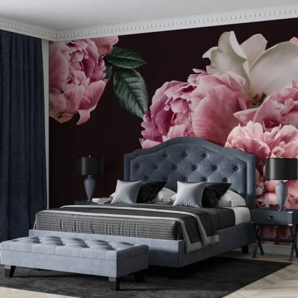 Peonies in Bloom Floral Wallpaper - Elegant Dark Blue & Pink Wall Mural - Luxury Home Decor - Living Room & Bedroom - Romantic Whimsical Decor Peonies in Bloom Floral Wallpaper - Elegant Dark Blue & Pink Wall Mural - Luxury Home Decor - Living Room & Bedroom - Romantic Whimsical Decor