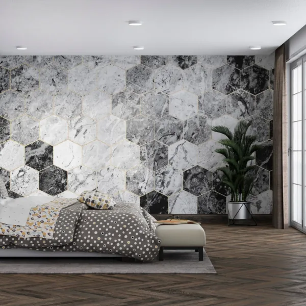 Hexagon Marble Wallpaper - Geometric Wall Mural - Bathroom & Kitchen Decor - Grey & White Wallpaper for Minimalist & Luxury Home Murals Hexagon Marble Wallpaper - Geometric Wall Mural - Bathroom & Kitchen Decor - Grey & White Wallpaper for Minimalist & Luxury Home Murals