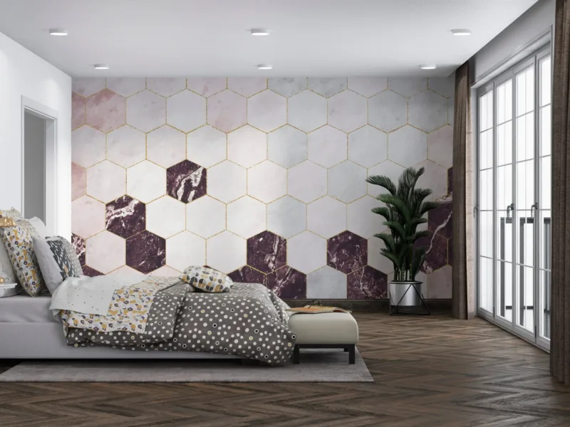 Hexagonal Marble Wallpaper - Geometric & Glamourous Mural - Luxury Home Decor - Modern Art - Dining, Home Office, Entryway - Summer Decor