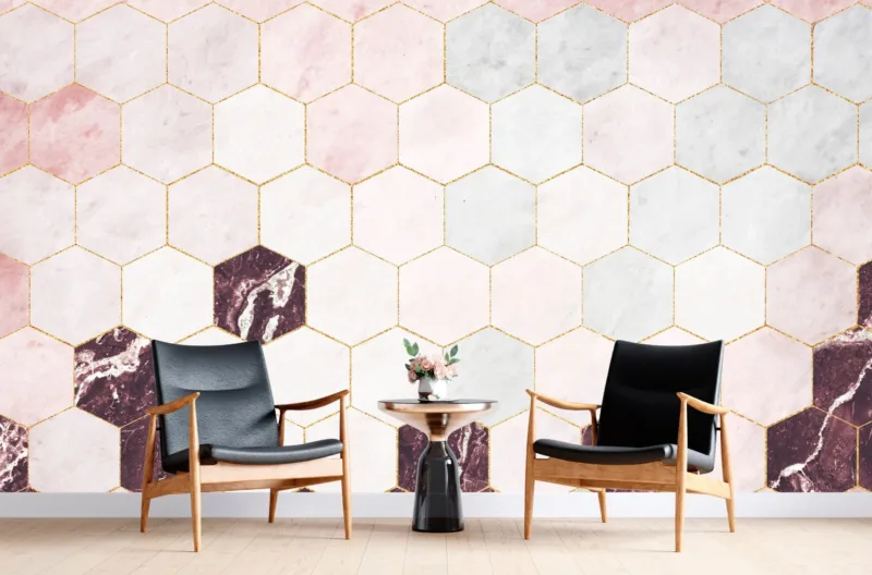Hexagonal Marble Wallpaper - Geometric & Glamourous Mural - Luxury Home Decor - Modern Art - Dining, Home Office, Entryway - Summer Decor