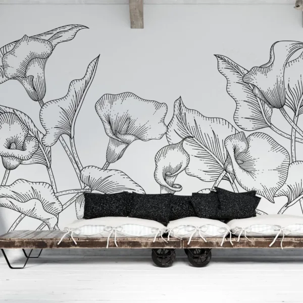 Modern Floral Wall Mural Wallpaper - Blue, Green, Pink, Purple & Yellow - Black & White Mural & - Home Decor, Living Room, Bedroom Modern Floral Wall Mural Wallpaper - Blue, Green, Pink, Purple & Yellow - Black & White Mural & - Home Decor, Living Room, Bedroom