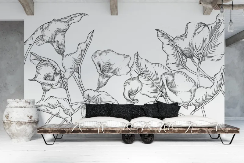 Modern Floral Wall Mural Wallpaper - Blue, Green, Pink, Purple & Yellow - Black & White Mural & - Home Decor, Living Room, Bedroom