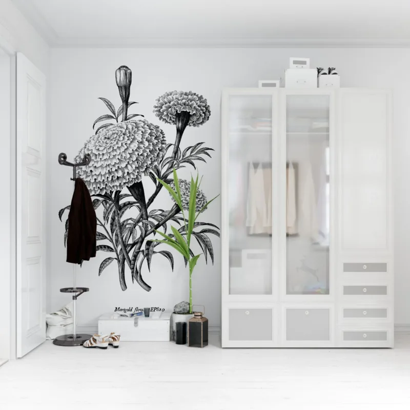 Black & White Hand-Drawn Floral Wallpaper - Green & Gray Botanical Mural - Modern Wall Mural - Living Room, Bedroom, Dining Room Decor