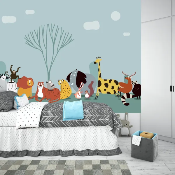 Woodland Animals Wallpaper - Blue & Green Forest Wall Mural - Kids . Boys & Girls Room, Nursery Decor - Cartoon Animals Mural with Gray & White Woodland Animals Wallpaper - Blue & Green Forest Wall Mural - Kids . Boys & Girls Room, Nursery Decor - Cartoon Animals Mural with Gray & White