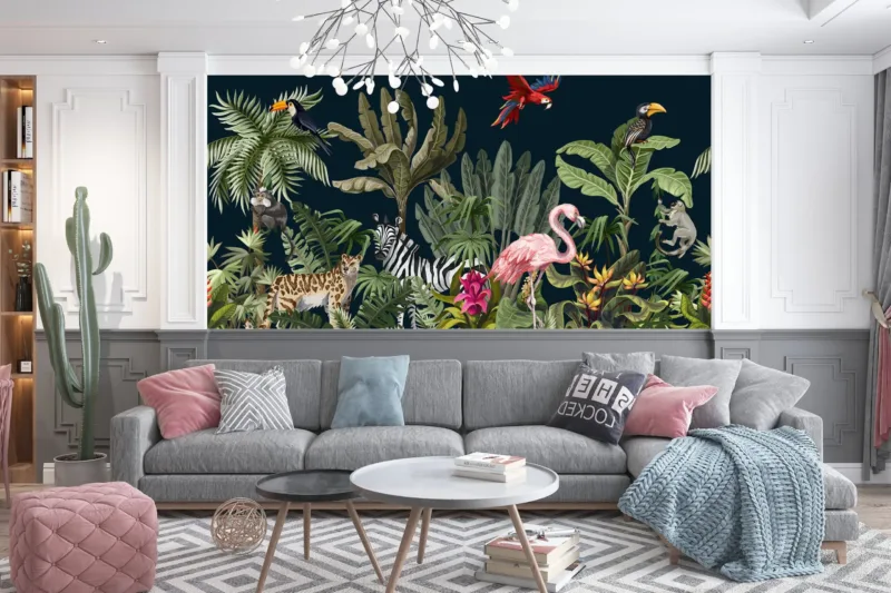 Tropical Animals Wallpaper - Colorful Jungle Wall Mural - Kids Room Decor - Vibrant Tropical Flamingo, Zebra, Cheetah Wall Mural