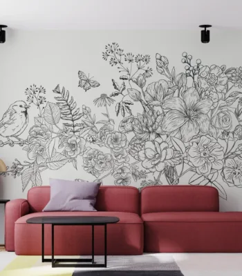 Black And White Hand Drawn Floral Wallpaper - Botanical Mural - Modern &Amp; Minimalist Wall Mural - Bedroom, Living Room, Office Decor Black and White Hand Drawn Floral Wallpaper - Botanical Mural - Modern & Minimalist Wall Mural - Bedroom, Living Room, Office Decor
