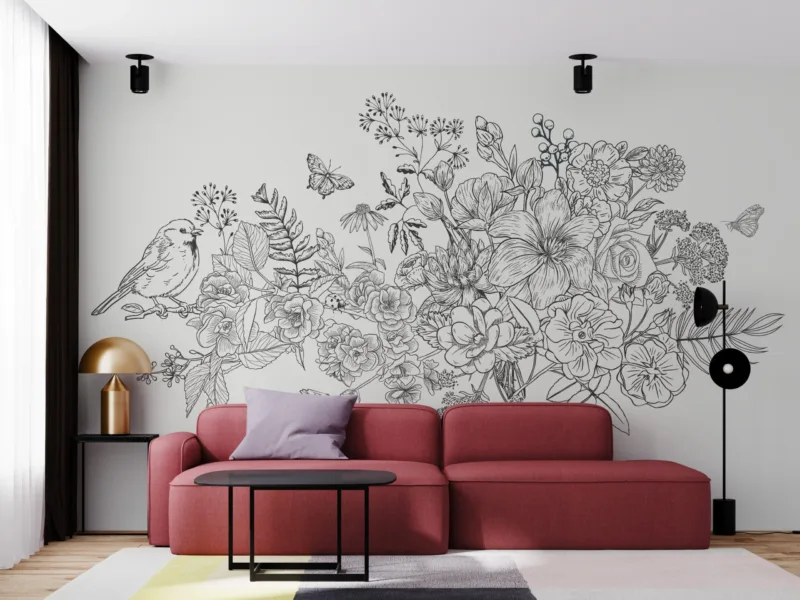 Black and White Hand Drawn Floral Wallpaper - Botanical Mural - Modern & Minimalist Wall Mural - Bedroom, Living Room, Office Decor