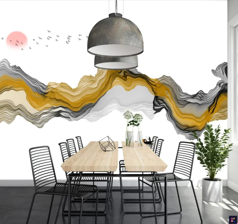 Golden Mountain Escape Wallpaper - Modern Landscape Wall Mural - Yellow & Gray Bedroom Decor - Peel & Stick Wallpaper