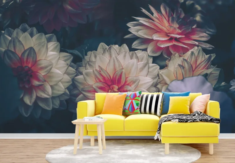 Pink Dahlia Floral Wallpaper - Large Floral Wall Mural - 3D Wall Art - Living, Bedroom, Dining Decor - Beautiful Flowers With Green &Amp;Amp; Purple Accents Pink Dahlia Floral Wallpaper - Large Floral Wall Mural - 3D Wall Art - Living, Bedroom, Dining Decor - Beautiful Flowers with Green & Purple Accents