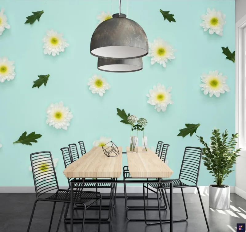 Green & Pink Floral Delight Wallpaper - Daisies & Leaves Mural - Nature Wall Mural - Bedroom, Living Room Decor - Kids Room Decor