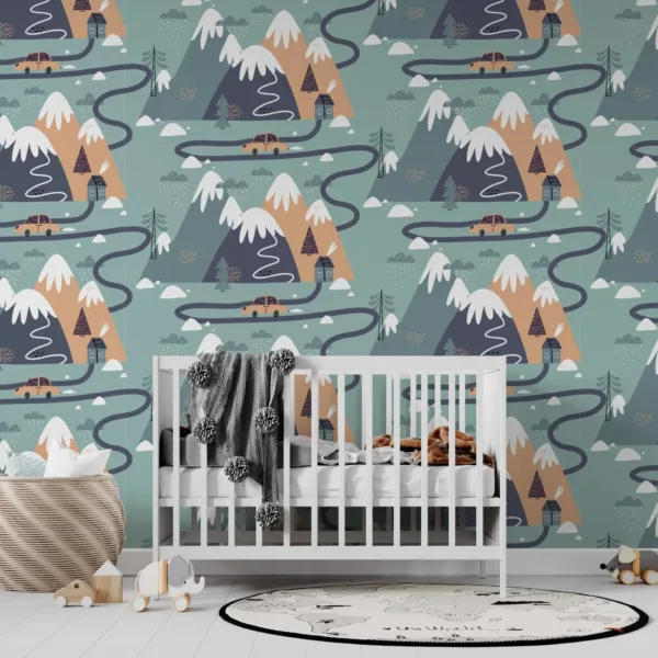 Whimsical Mountain Adventure Wallpaper - Blue & Black Wall Mural - Boys & Girls , Kids Room, Nursery Decor - Playful Mountain Landscape Whimsical Mountain Adventure Wallpaper - Blue & Black Wall Mural - Boys & Girls , Kids Room, Nursery Decor - Playful Mountain Landscape
