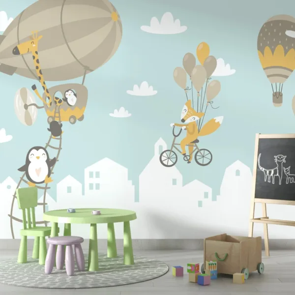 Whimsical Animal Adventure Wallpaper - Blue, Brown, Green & White - Kids Room Decor - Playroom & Nursery - Fun & Colorful Wall Mural Whimsical Animal Adventure Wallpaper - Blue, Brown, Green & White - Kids Room Decor - Playroom & Nursery - Fun & Colorful Wall Mural