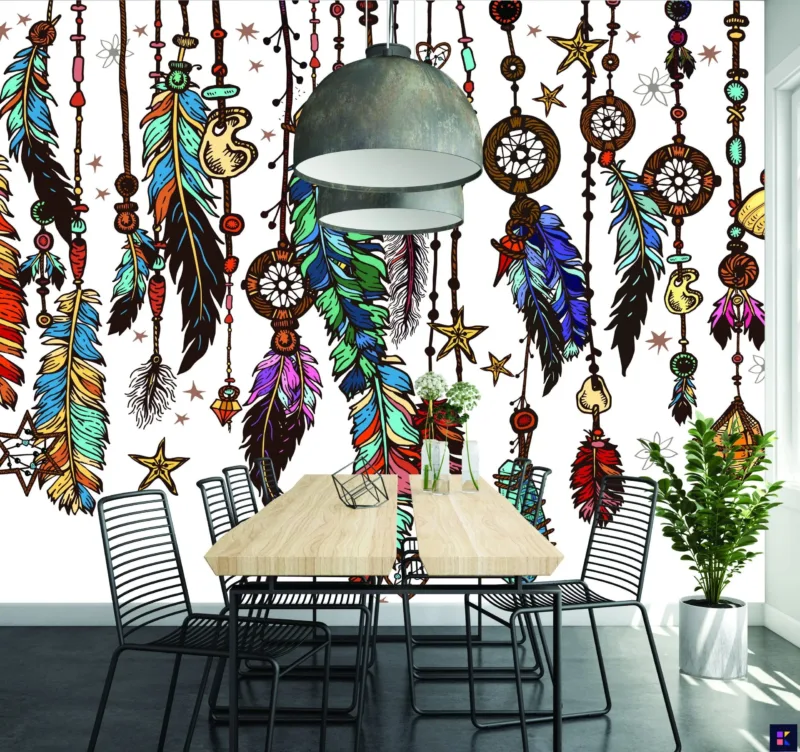 Black &Amp;Amp; White Dreamcatcher Feathers Wallpaper - Boho Mural - Green &Amp;Amp; Yellow Stars - Whimsical Wall Mural - Bedroom, Living Room, Nursery Decor Black & White Dreamcatcher Feathers Wallpaper - Boho Mural - Green & Yellow Stars - Whimsical Wall Mural - Bedroom, Living Room, Nursery Decor