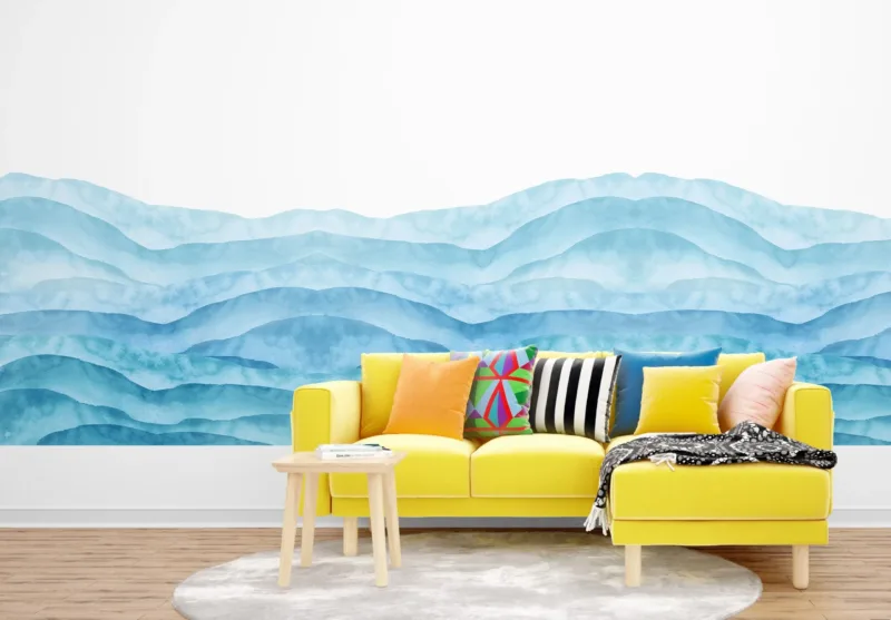 Blue Mountain Watercolor Wallpaper - Calming & Serene Mural - Abstract Landscape Art - Bedroom, Living Room & Home Office - Summer Decor