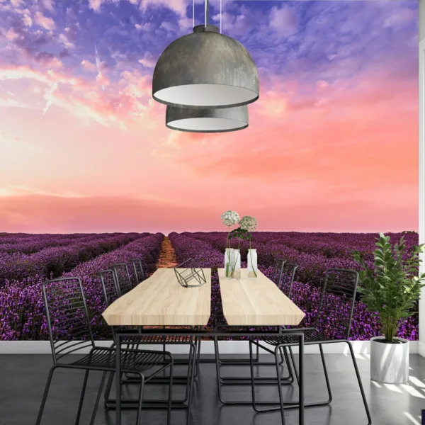 Lavender Field at Sunset Wallpaper - Blue, Orange, Pink & Yellow - 3D Landscape Mural - Floral Wall Mural - Living Room, Bedroom, Bathroom Lavender Field at Sunset Wallpaper - Blue, Orange, Pink & Yellow - 3D Landscape Mural - Floral Wall Mural - Living Room, Bedroom, Bathroom