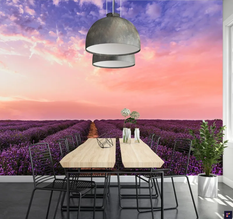 Lavender Field at Sunset Wallpaper - Blue, Orange, Pink & Yellow - 3D Landscape Mural - Floral Wall Mural - Living Room, Bedroom, Bathroom