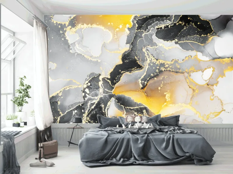 Grey Golden Ink Fluid Wallpaper - Black & Gold Marble - Luxury Wall Murals - Modern Home Decor - Bedroom & Living Room - Summer Decor