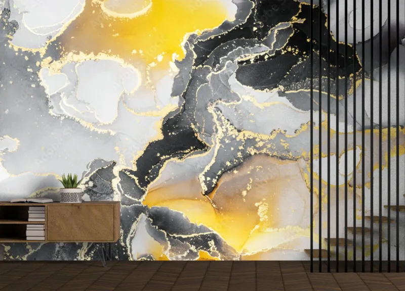 Grey Golden Ink Fluid Wallpaper - Black & Gold Marble - Luxury Wall Murals - Modern Home Decor - Bedroom & Living Room - Summer Decor