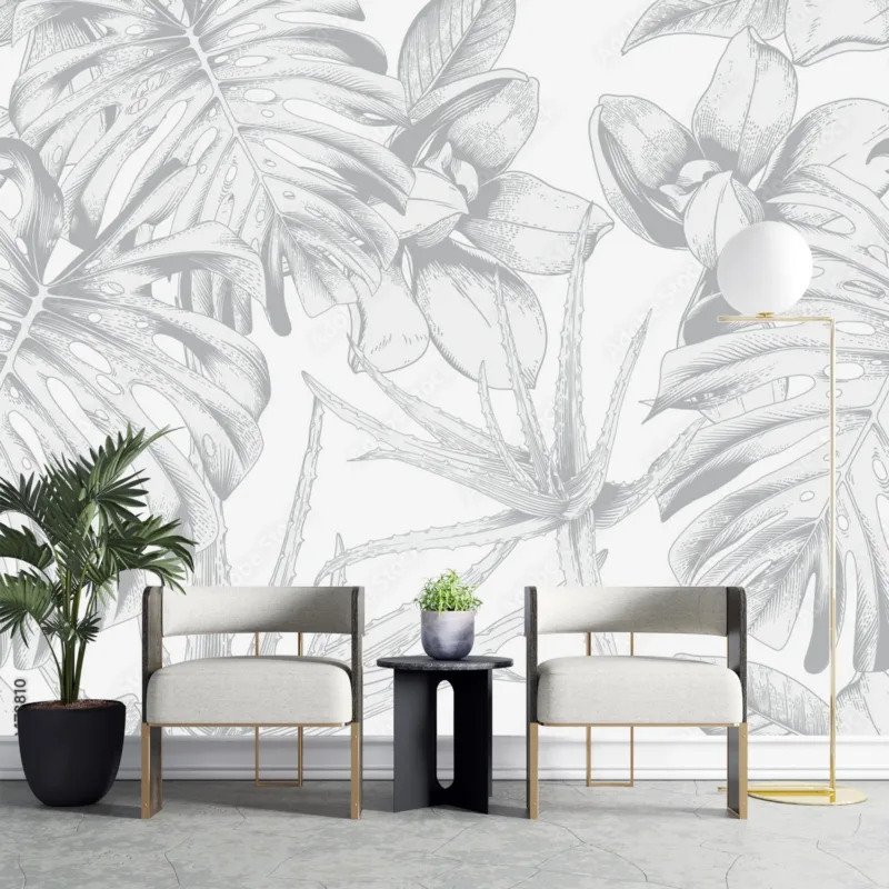 Hand-Drawn Tropical Leaves Wallpaper - Brown, Green, Pink, Purple & Red - Modern Botanical Mural - Wall Mural - Living Room, Bedroom, Bathroom