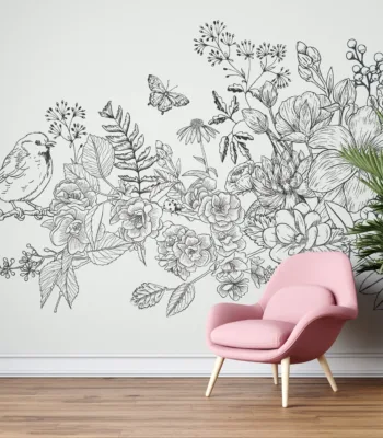 Black And White Hand Drawn Floral Wallpaper - Botanical Mural - Modern &Amp; Minimalist Wall Mural - Bedroom, Living Room, Office Decor Black and White Hand Drawn Floral Wallpaper - Botanical Mural - Modern & Minimalist Wall Mural - Bedroom, Living Room, Office Decor