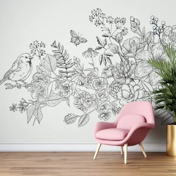 Black and White Hand Drawn Floral Wallpaper - Botanical Mural - Modern & Minimalist Wall Mural - Bedroom, Living Room, Office Decor