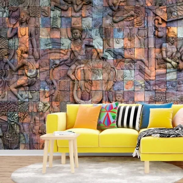 Blue Stone Carved 3D Effect Wallpaper - Textured Wall Mural - Classic Gods & Goddesses Mural - Living Room, Bedroom, Office Decor Blue Stone Carved 3D Effect Wallpaper - Textured Wall Mural - Classic Gods & Goddesses Mural - Living Room, Bedroom, Office Decor