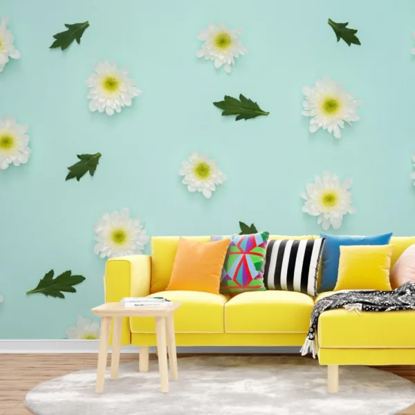 Green & Pink Floral Delight Wallpaper - Daisies & Leaves Mural - Nature Wall Mural - Bedroom, Living Room Decor - Kids Room Decor Green & Pink Floral Delight Wallpaper - Daisies & Leaves Mural - Nature Wall Mural - Bedroom, Living Room Decor - Kids Room Decor