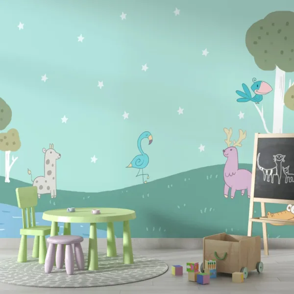 Whimsical Woodland Wallpaper - Blue, Green, White & Yellow - Animals & Nature Mural - Kids Room, Nursery Decor - Playroom Whimsical Woodland Wallpaper - Blue, Green, White & Yellow - Animals & Nature Mural - Kids Room, Nursery Decor - Playroom