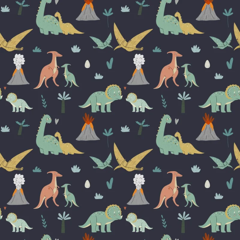 Cute Dinosaur Nursery Wallpaper - Playful Blue & Green Wall Mural - Kids Room Decor - Cartoon Dinosaur Mural with Orange & Yellow